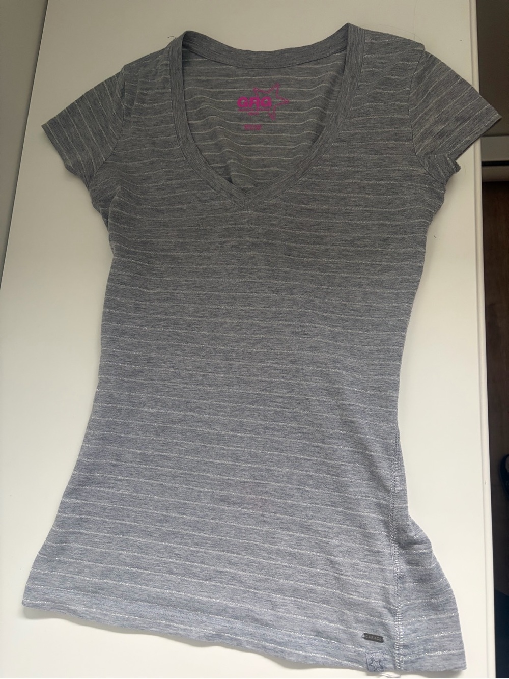 Garage Gray Striped V‑Neck Short Sleeve Tee